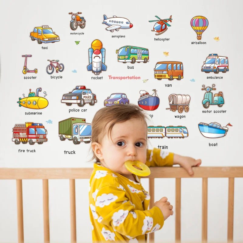 Kids Cartoon Mixed  Learning English Name Way of Transport Cars/Plane/Ship/Truck/Bus Children Kids Room Decoration Sticker