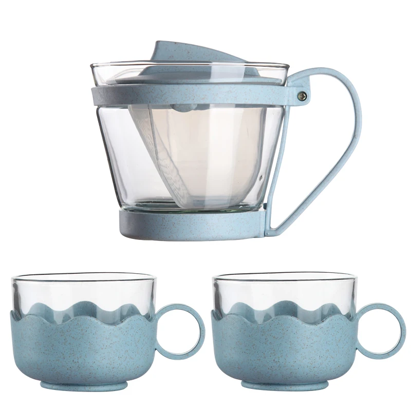 Термостойкий 500 мл травяной чайник из стекловолокна пшеницы, набор с 2 чашками и инфузером