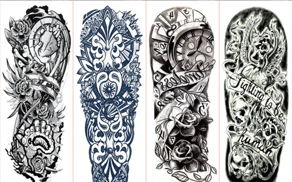  Тату-наклейки на всю руку большой цветок плечо искусственная татуировка рукава для мужчин рисование тела череп смерти роза черный огонь