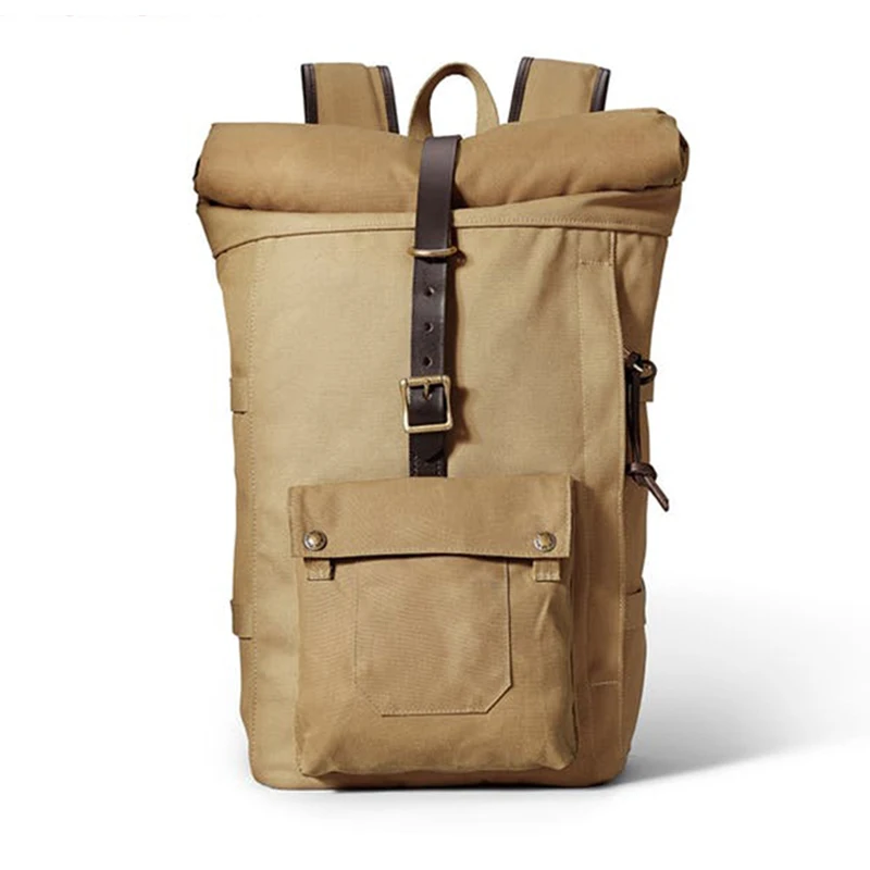 Vintage men cotton canvas rolltop backpack travel hiking rucksack