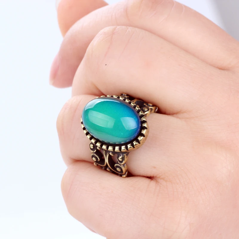 2021 Mojo Best Selling Classic Design Antique Gold Plated Magic Change Color Jewelry Glass Stone Crystal Mood Ring for Man
