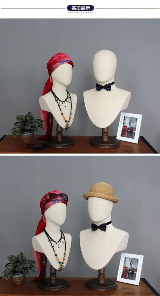 Canvas linen fabric cover vintage abstract mannequin head without hair for hat and scarf display