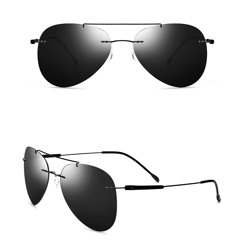 Rimless Double Bridges  Titanium Frame Luxury Sun Shades Sunglasses with Oval Polarized Lens