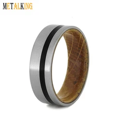 8mm Brushed Titanium Ring with A Thin Black Enamel Inlay Whiskey Barrel Wood Inner Mens Wedding Band