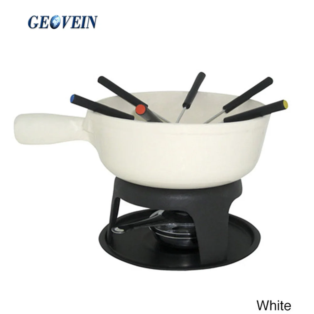 High quality Enamel fresh butter fondue with forks cast iron chocolate Fondue set for Party