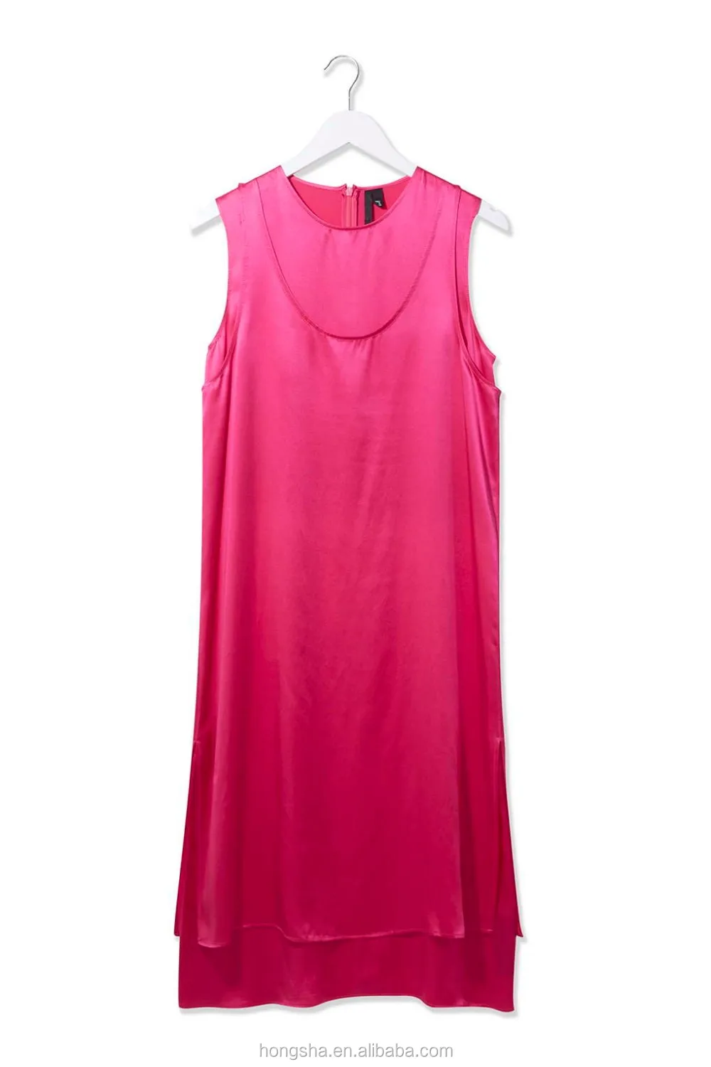 Latest Fashion Sleeveless Gambar Model Gaun Satin Long Dress Hot Pink Satin Dress Designs HSD6834