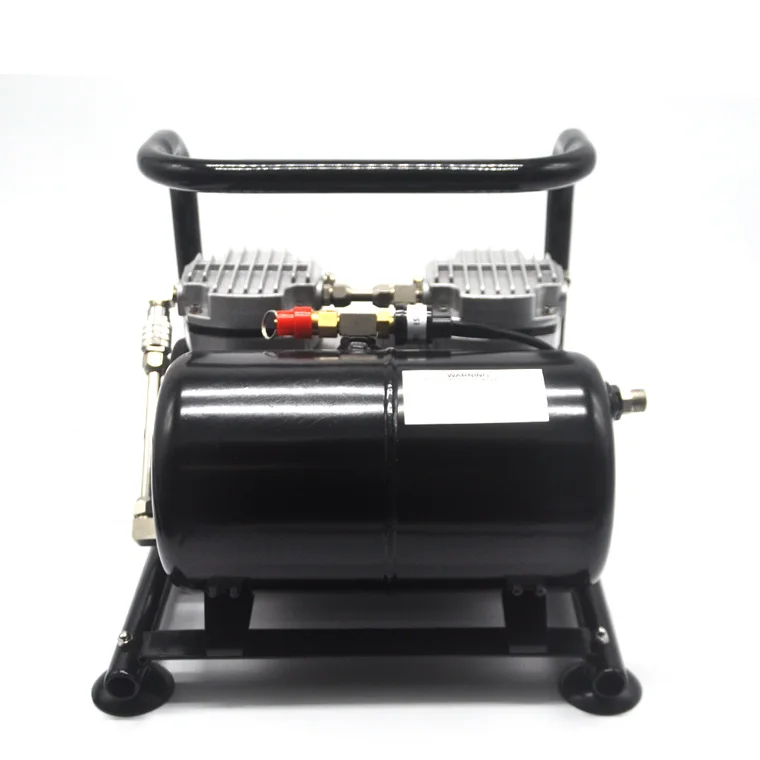 High pressure airbrush compressor with two cylinders and tank and frame