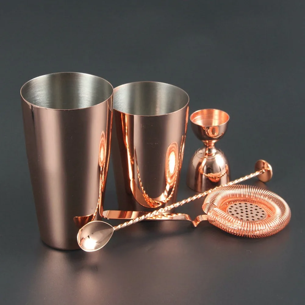 28oz 18 oz Boston Cocktail Shaker Barware Set 2oz Measuring Jigger rose gold Twisted Mixing Spoon