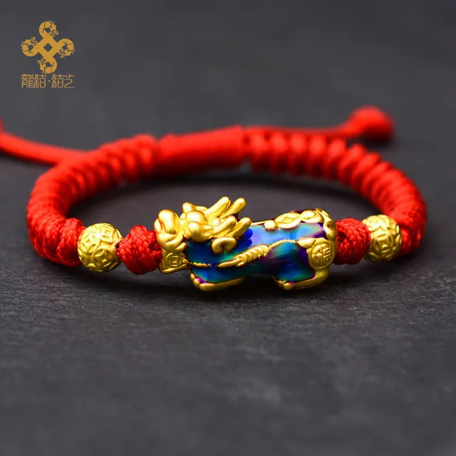 LONGJIE fashion red rope gold-plated  999 silver pixiu bracelet handmade Chinese style jewelry for men