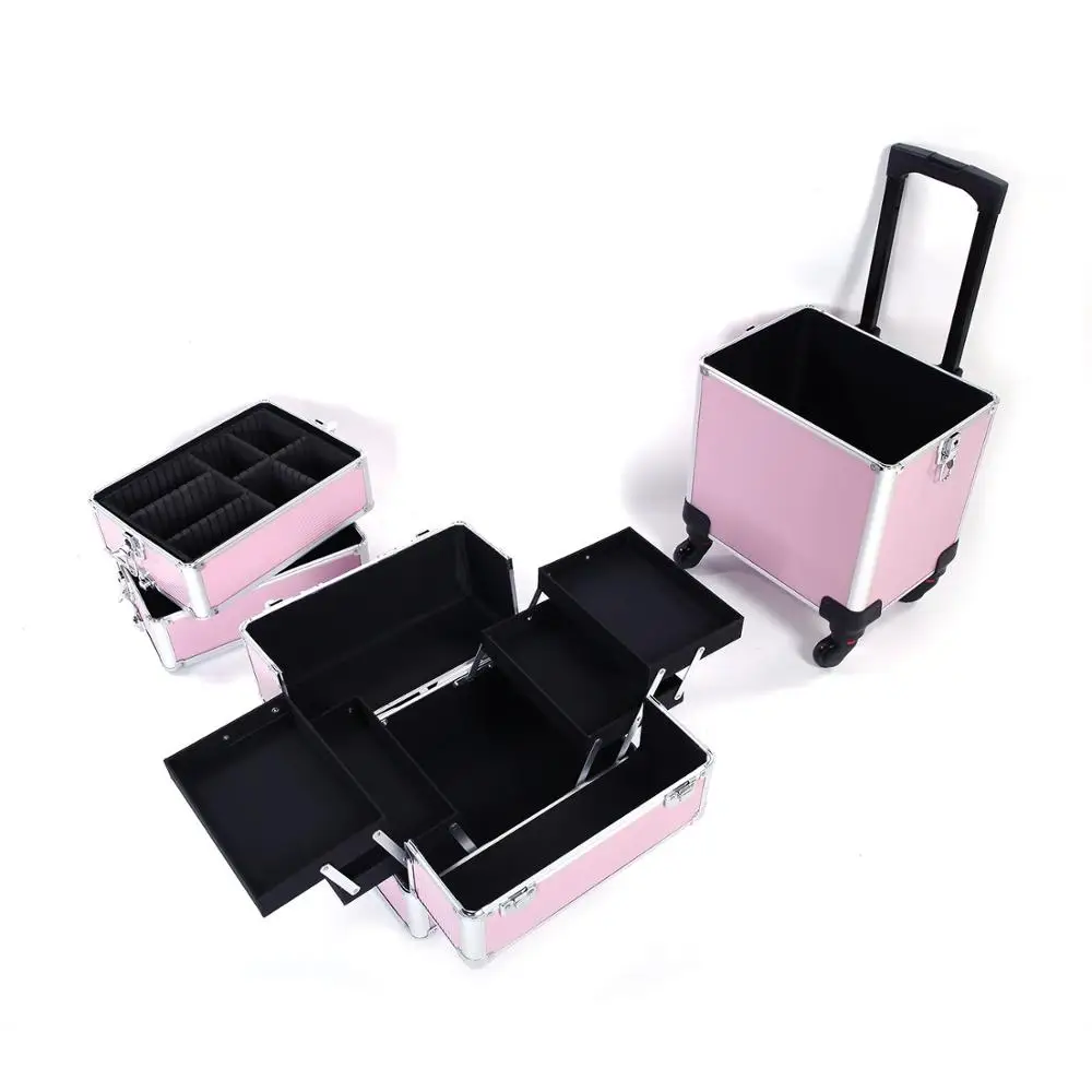 4-in-1 Rolling aluminum Cosmetic Trolley Beauty Stylist Artist Organizer case with 4 Removable Wheels Lockable Keys