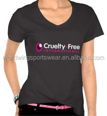 Womens custom polycotton black with screen printed logo on front chest fitted style V neck T-Shirt
