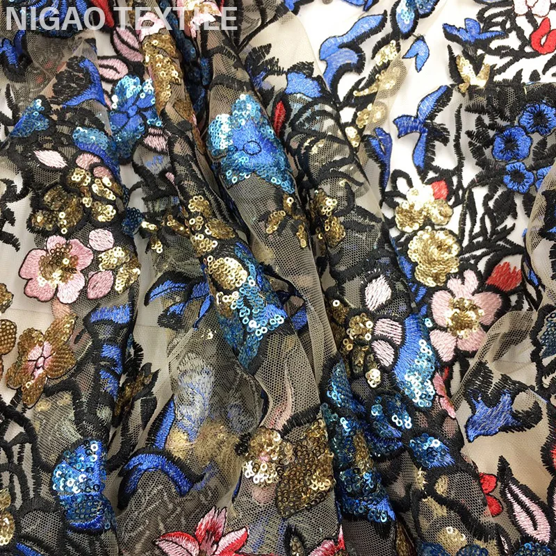 
100% Polyester Sequins Mesh 3d Flowers Embroidered Fabrics for Wedding Dress 