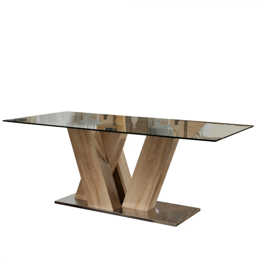 Black Tempered Glass Top Wood Stainless Steel Base Design Kitchen Dining Room Table