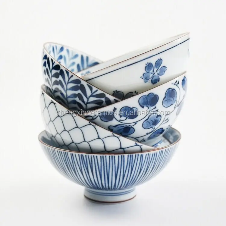Japanese creative striped tableware set printing funnel-shaped dessert tableware blue and white porcelain rice bowl
