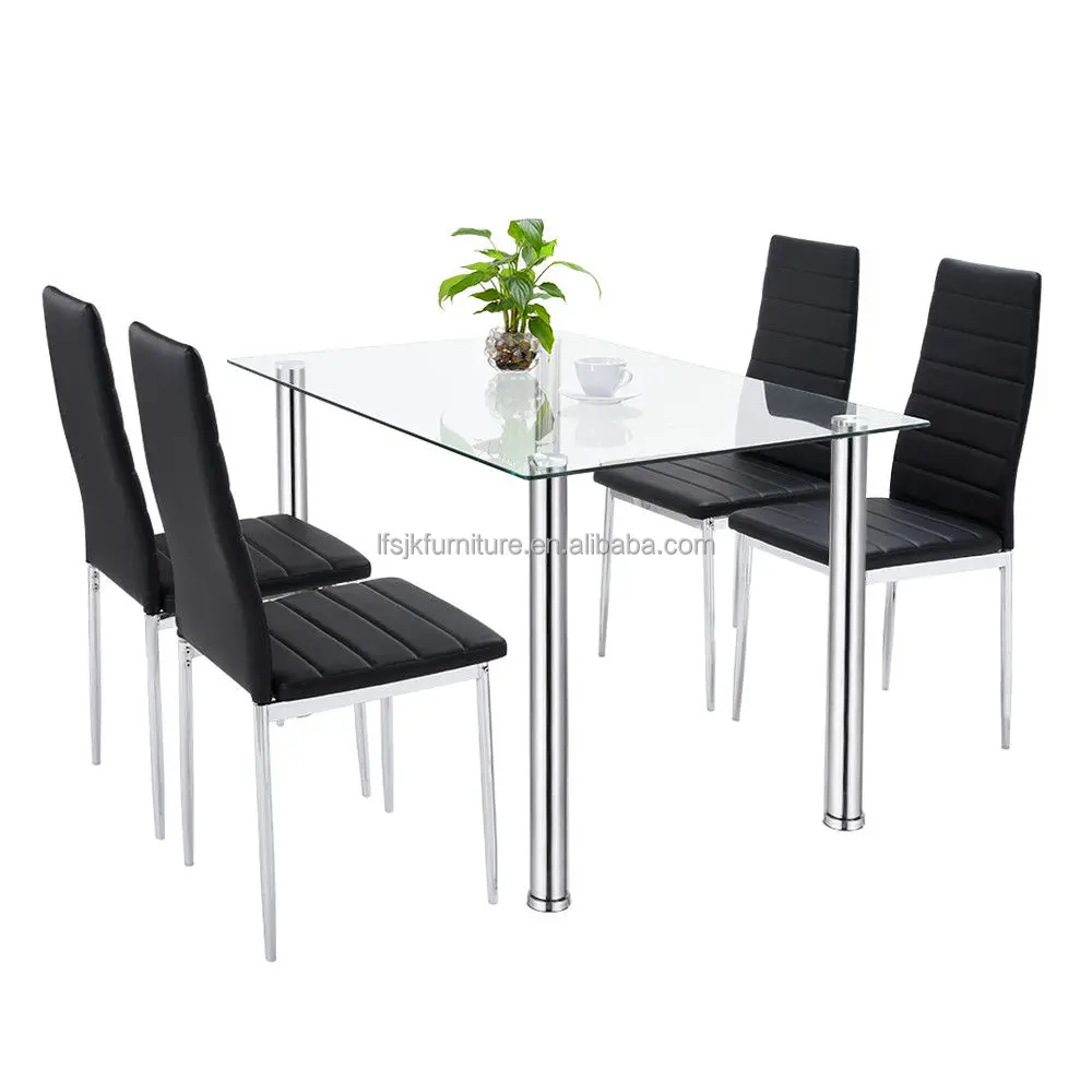 Дешевый набор стеклянных обеденных столов и 4 или 6 стульев из искусственной кожи белого черного цвета