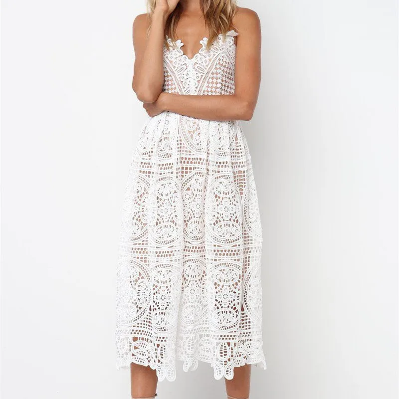 2019 European and American sexy openwork lace temperament strap dress