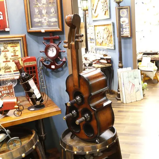Mettle Hot Sale Wholesale Big Handmade Retro Violin Wooden Creative Wine Holder For Bar Decoration