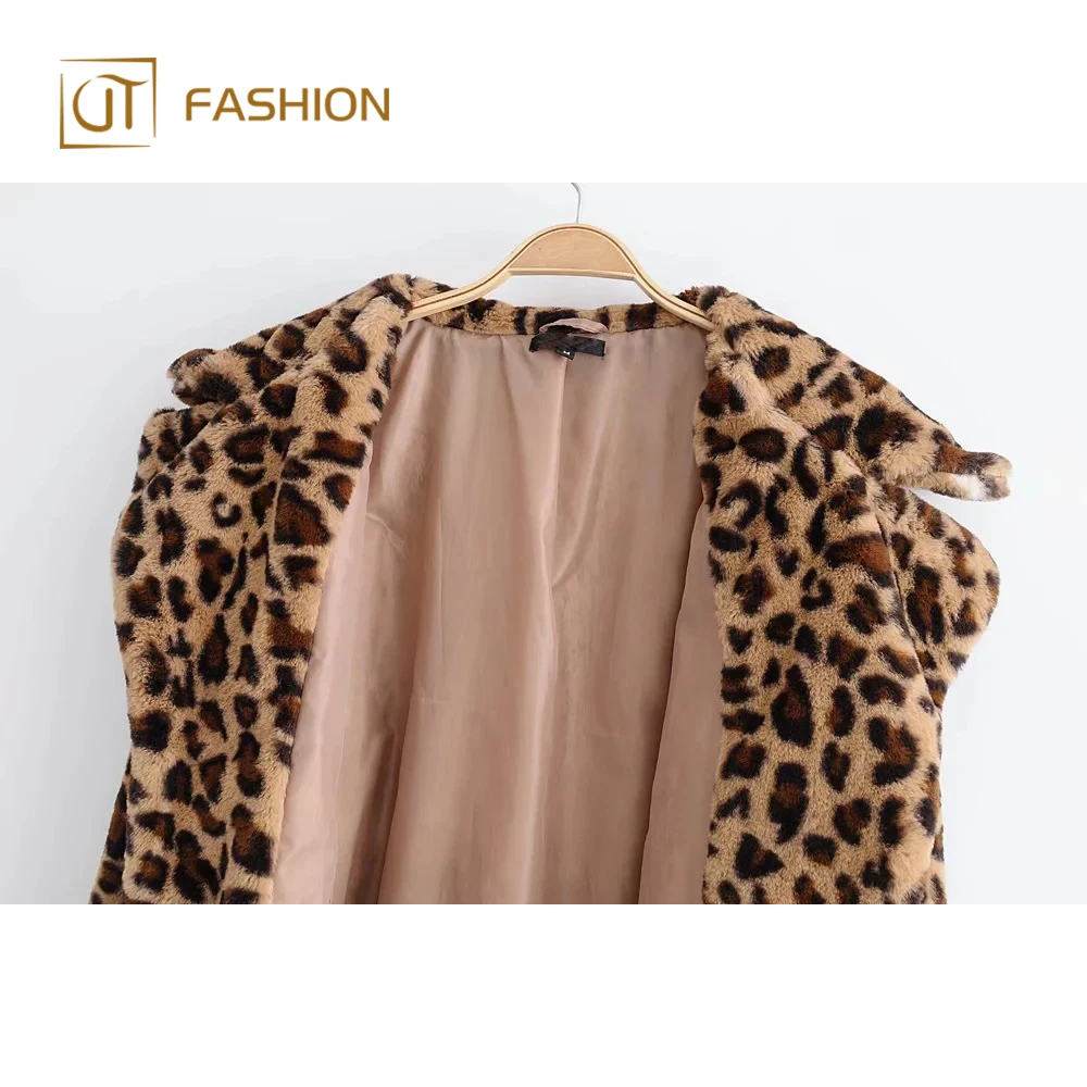 New arrival jtfur leopard ladies warm short lapel fake fur jacket