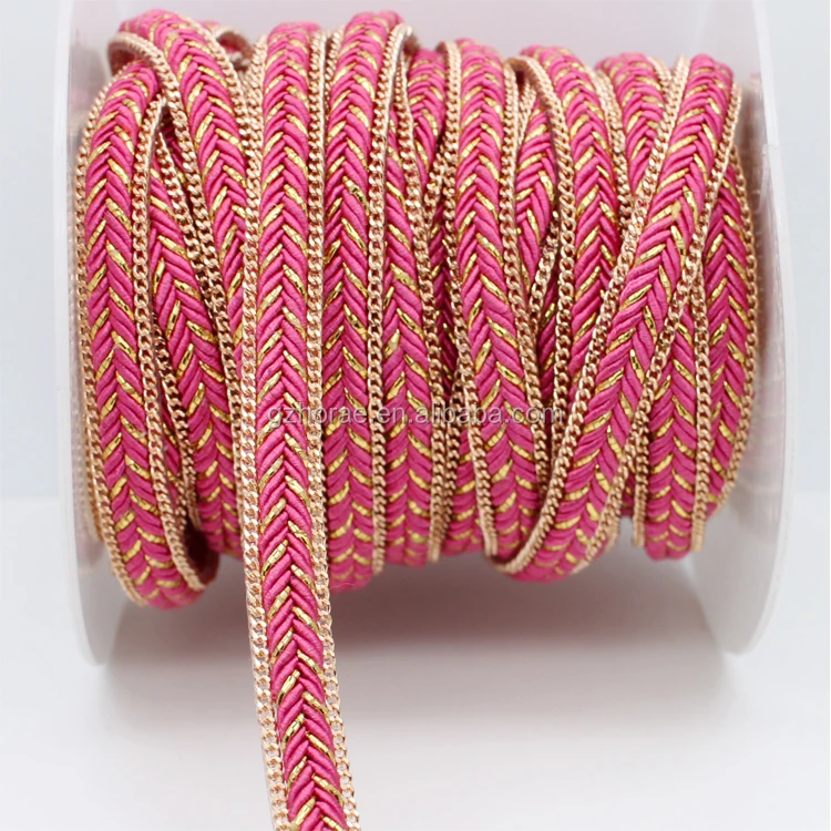 tr004 Cheap hotfix metal chain lace banding braided ribbon trimming for shoe decoration