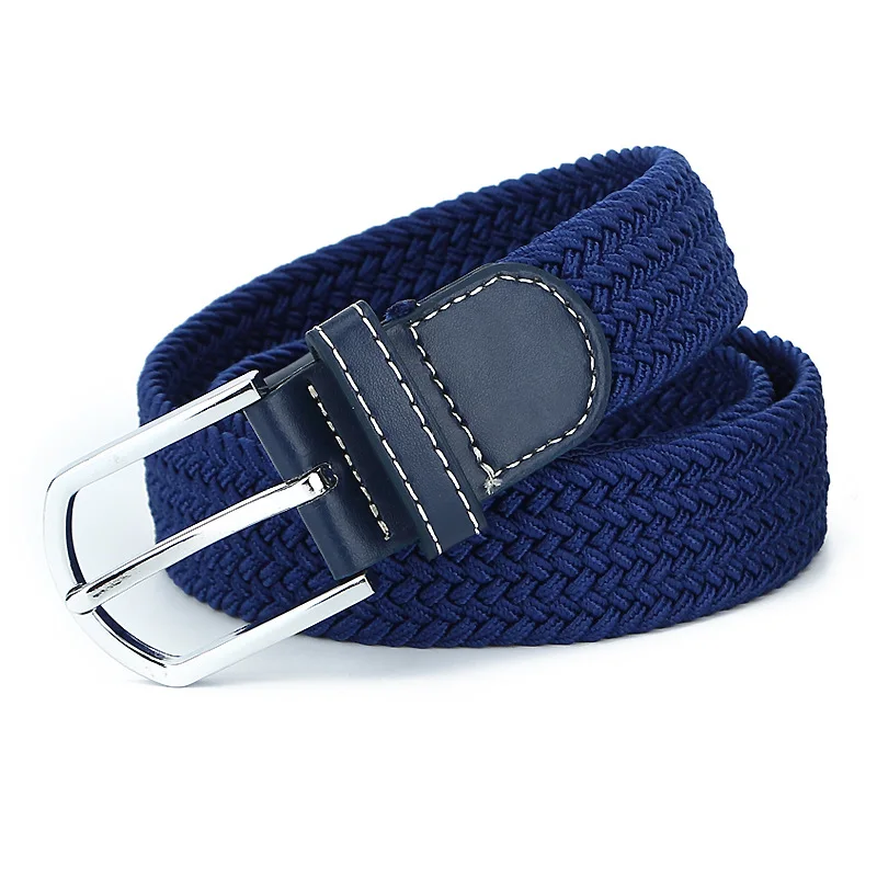 Unisex Canvas alloy buckle  Woven Men Elastic Stretch Waist Belt with  genuine leather end