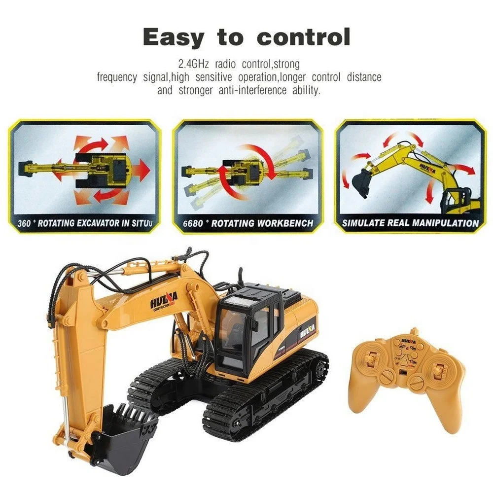 
HuiNa Toys 15 Channel 2.4G 1/14 RTR Mechanical Sound 680-Degree Rotation LED Light RC Car Anti Slip Alloy RC Excavator For kids 
