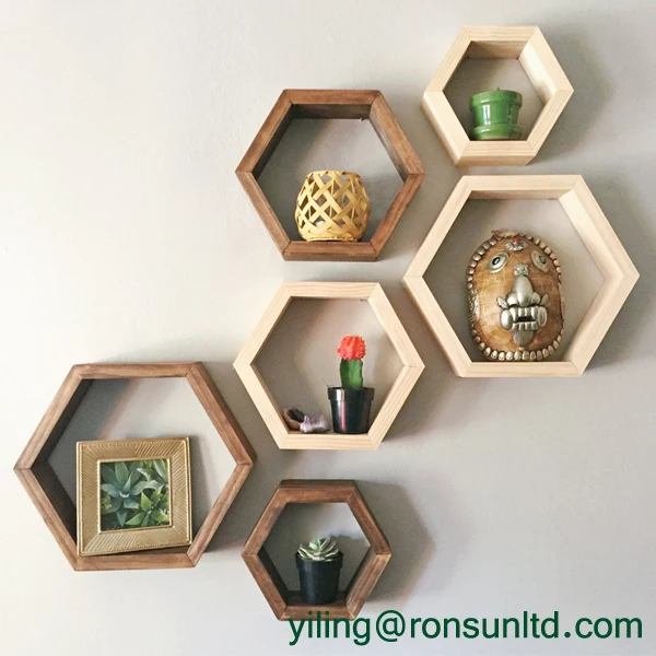 Wood Floating Shadow Box Honeycomb Hexagon Wall pine shelf