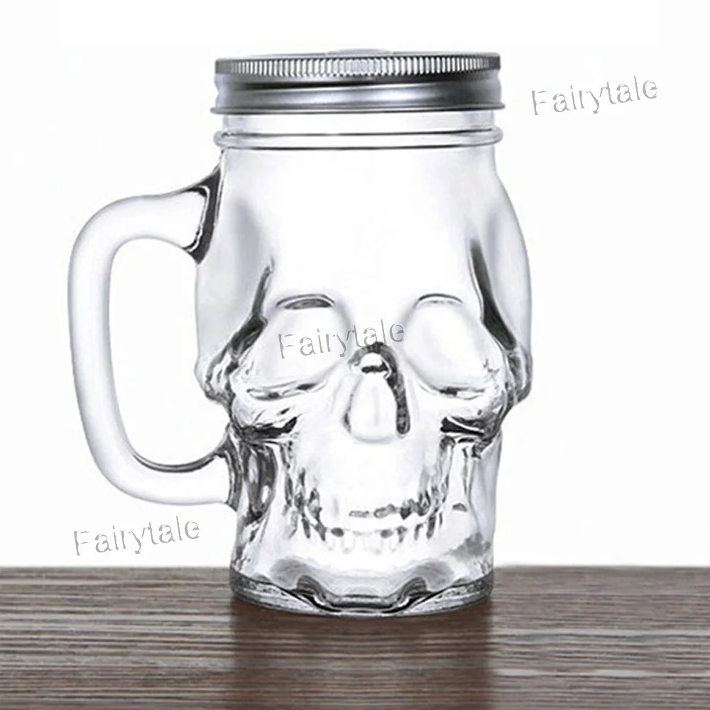 
Ghost Head Shaped Glass Mason Jar Mug with Tin and Handle 