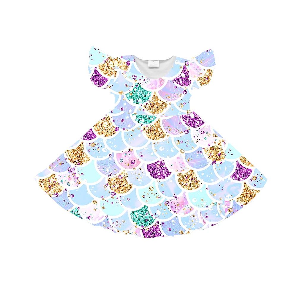 
2019 Hot sale custom baby clothes fish scales pattern design girl milk silk boutique dress 