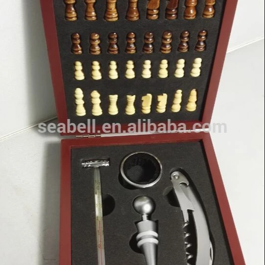 K0428-4w Wooden Box With International Chess Wine Tools Set