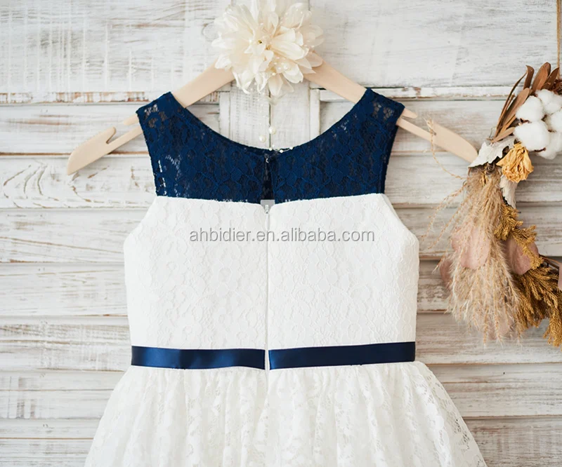 Ivory\Navy Blue Stripe Lace Wedding Flower Girl Dress Kids Birthday Party Dress Toddler Baby Girl Dress