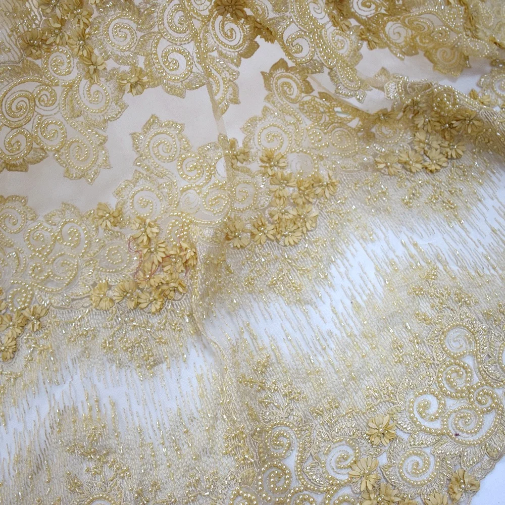 New gold 3d flower lace embroidered fabric pretty african tulle bead pearl lace fabric for party HY0922-1