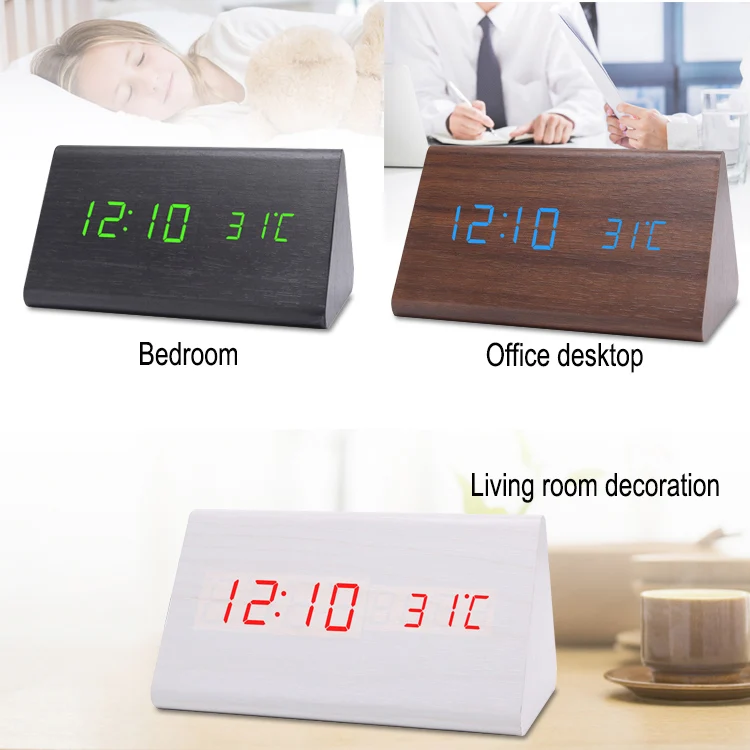 Chinese Home Deco Voice Control Electronic Digital Wood Alarm Clock