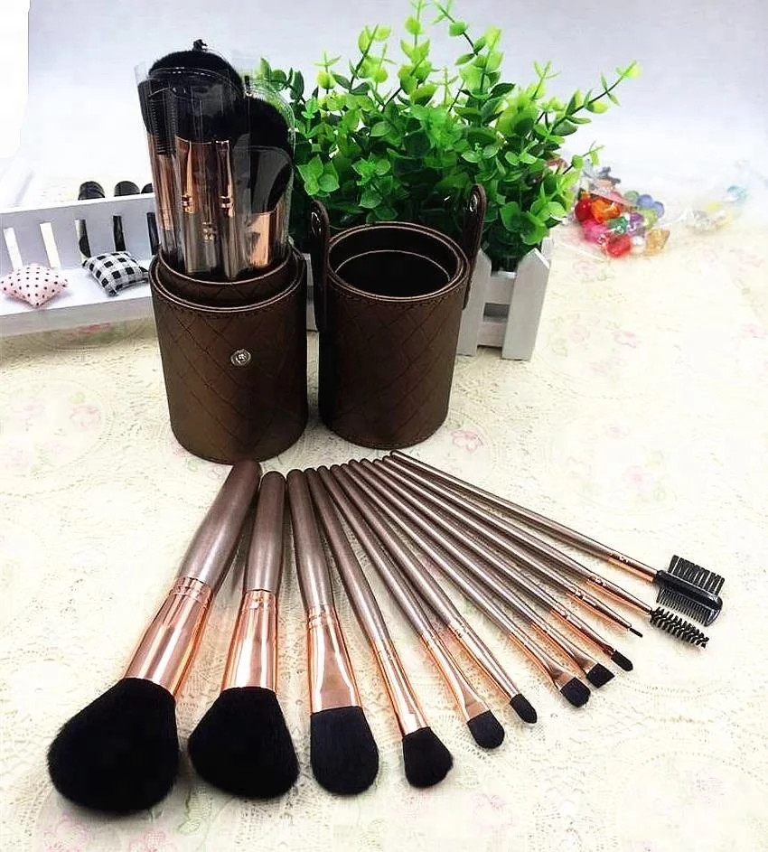 High Quality Professional Brush Set Luxury Makeup Brush 12 Piece Bronze Brush Set with Vegan Travel Case