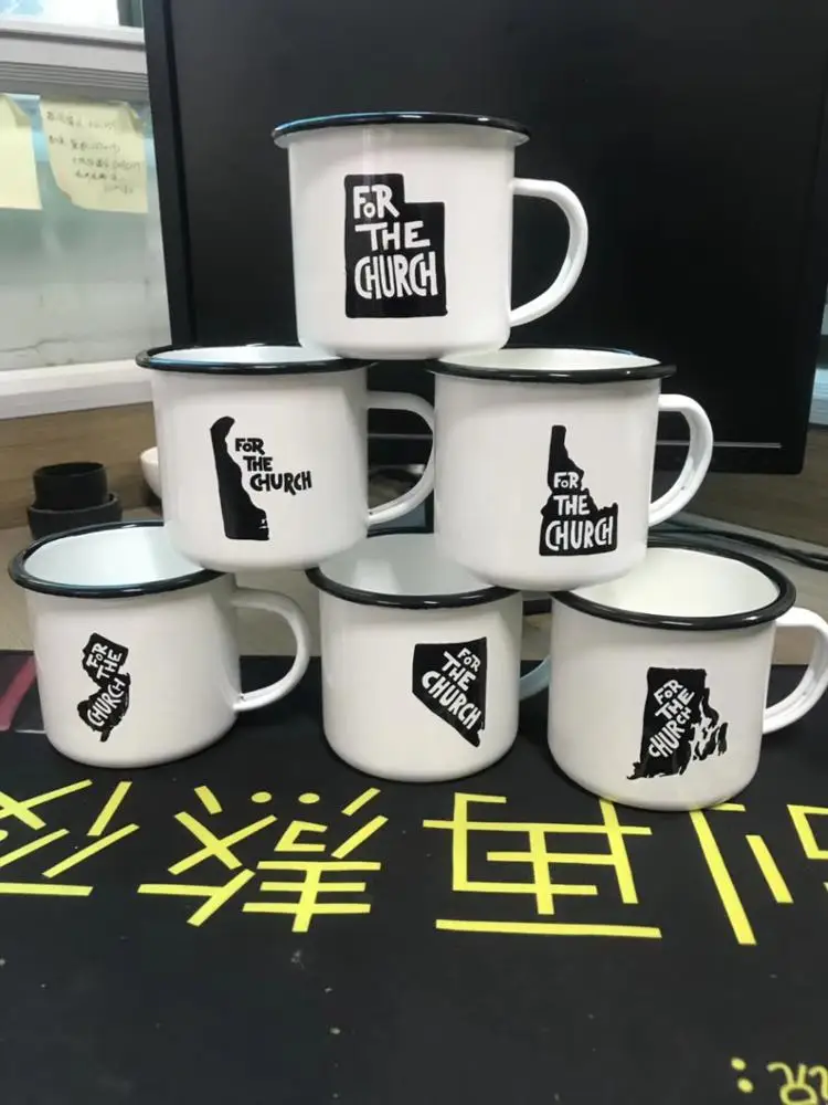 Custom logo printing steel enamel mug sublimation white enamel camping mug wholesale enamel metal coffee mug