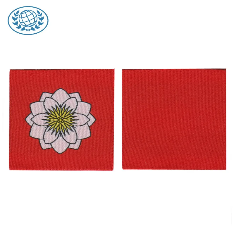 Custom Woven Label Flower Brand Name Logo Centerfold Machine Woven Damask Clothes Labels for Clothing Uniform Garments