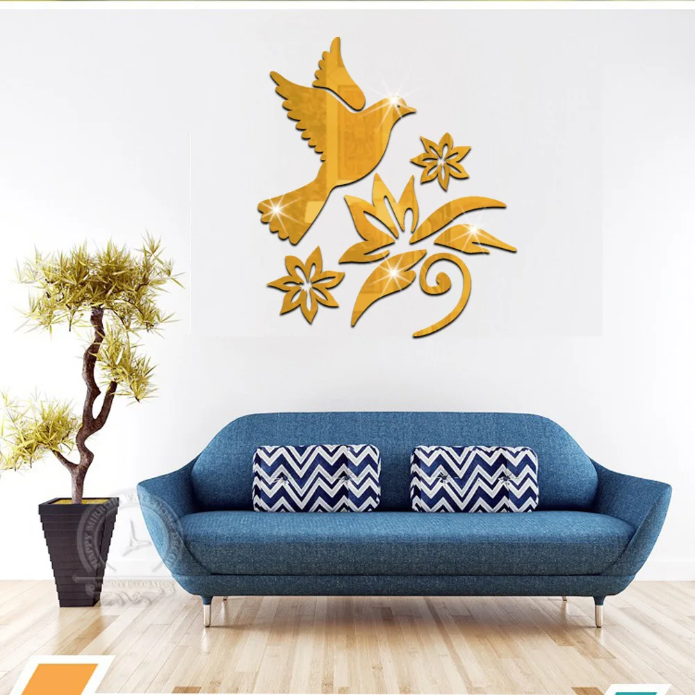 A lovely flower and dove ornament 3d acrylic wall sticker decoration mirror sticker sheet