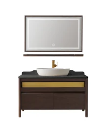 Double sink bathroom vanity with gold hardware