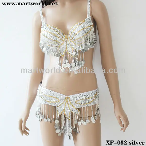 silver dance clothing with crystal beads sequins and coins(XF-032 silver)