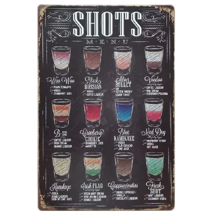 Shots Menu Vintage Tin Poster for men Home Decor Art Retro Decorative Plates Cafe Wall Coffee Decor