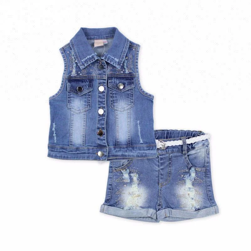Royal wolf denim garment factory denim bead vest and ripped rhinestone jeans shorts girls summer set kids outfits