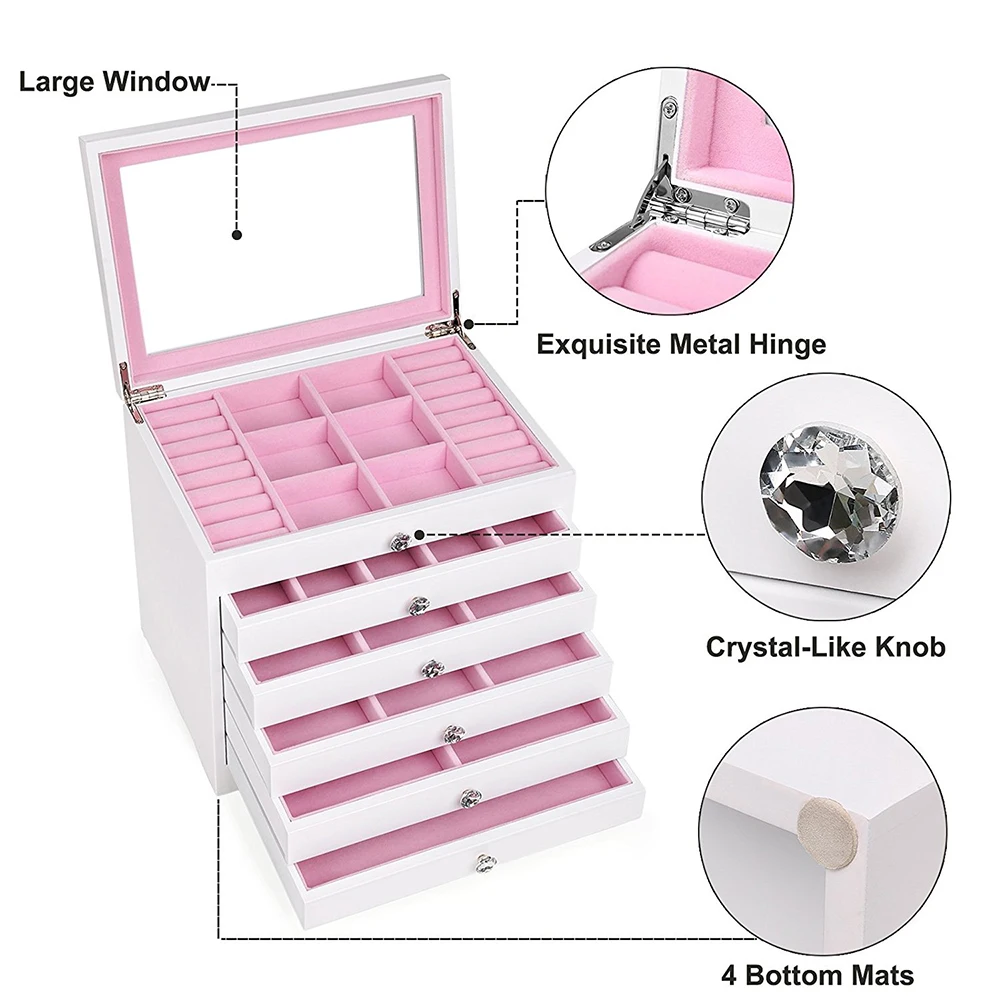 
Lacquer Five drawers custom large white big jewelry box large mirror stand up 