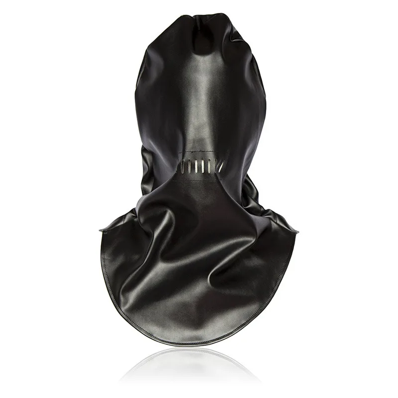 Leather black bondage hood mask with only air holes for slave or restraint cosplay