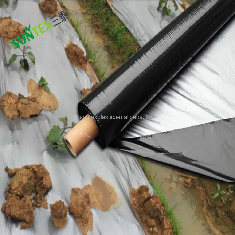 Horticulture black silver reflective mulch layer,1.5mil agricultural ground cover mulch film,garden farming plastic mulch sheet