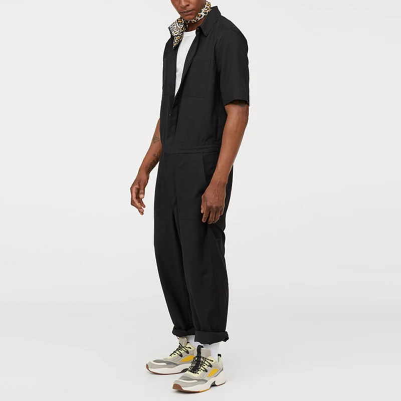 Модный комбинезон из хлопка и полиэстера для взрослых, мужской комбинезон с коротким рукавом, простая черная рабочая одежда, комбинезон для мужчин