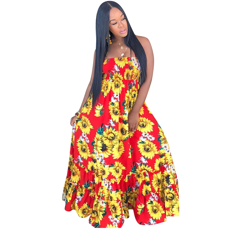 
2019 Halter Sexy African Ladies Summer Sun Flower Print Maxi Dresses Women Beach Casual Long Sun Dress 