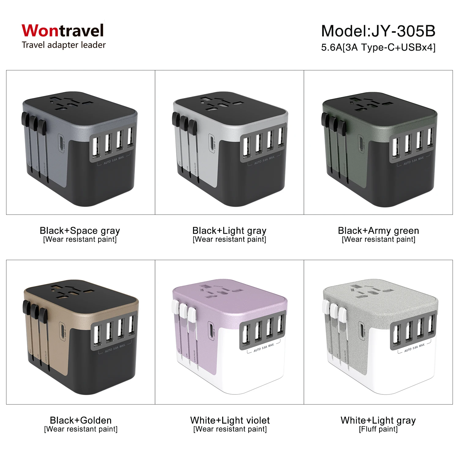 
Wontravel universal travel adapter AC power adaptor multi plug socket Type C quick charger 