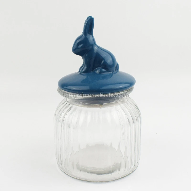 Colorful Rabbit Ceramic Lid Glass Candy Jar Wholesale Glass Jar