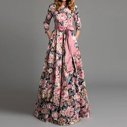 Elegant Bohemian printing long O-neck 3/4 sleeve big hem women spring summer dress