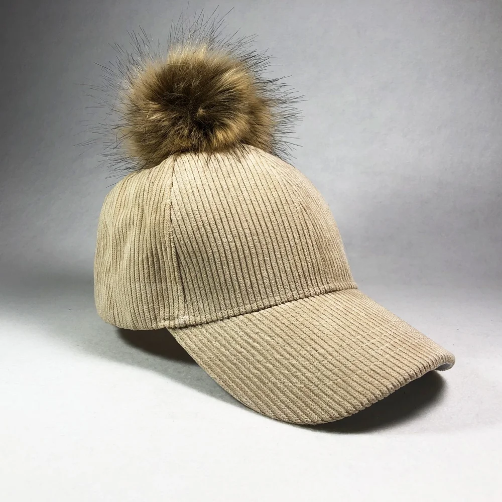 Wholesales small MOQ custom fashion plain blank corduroy cap with pom pom winter hat