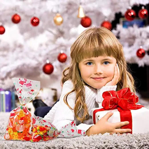 200 Pieces Christmas Cellophane Treat Bags Clear Candy Cookie Bags in Different Design with 200 Pieces Twist Ties Sugar Grocery